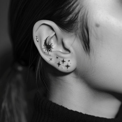 Ear tattoos with minimalist stars in the style of Ami James