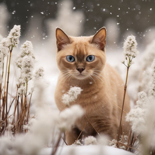 Burmese cat in a field while it is snowing