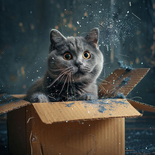 Gray cat in cardboard box, intriguingly taboo style, contained chaos