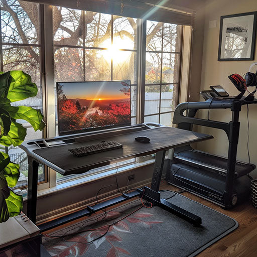 Home office with treadmill desk for virtual meetings