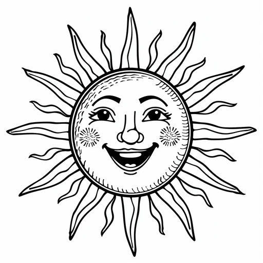 Smiling sun with rays, coloring book page