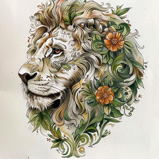 Botanical tattoo sketch of the Lion of Judah with floral patterns and green hues