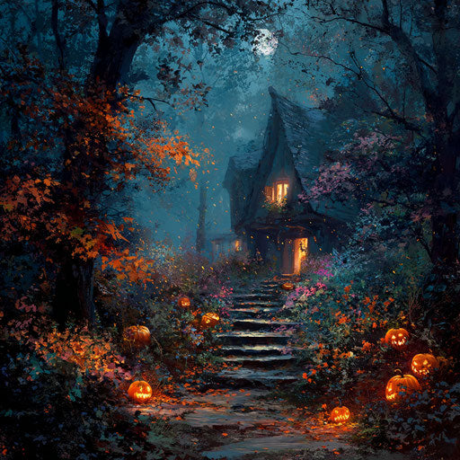 Spooky enchanted Halloween scene with a witch's house