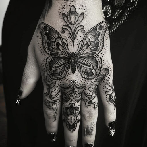 Butterfly hand tattoo complex details
