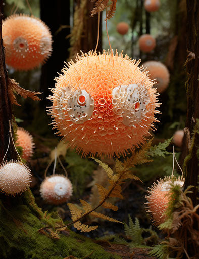 Floral explosions in forest, spherical orange and beige