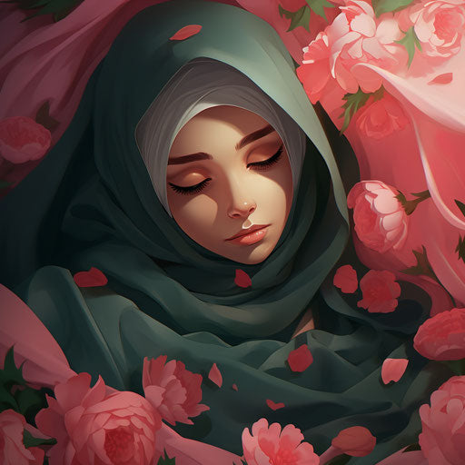 Mughal illustration, cute pictures, free clipart, person, free Islamic backgrounds, light red and dark gray style, anime-inspired, flowerpunk, pink and green, unsettling mood, slumped/draped, blurry