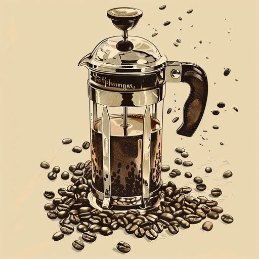 Artistic sketch of coffee in earth around a French press