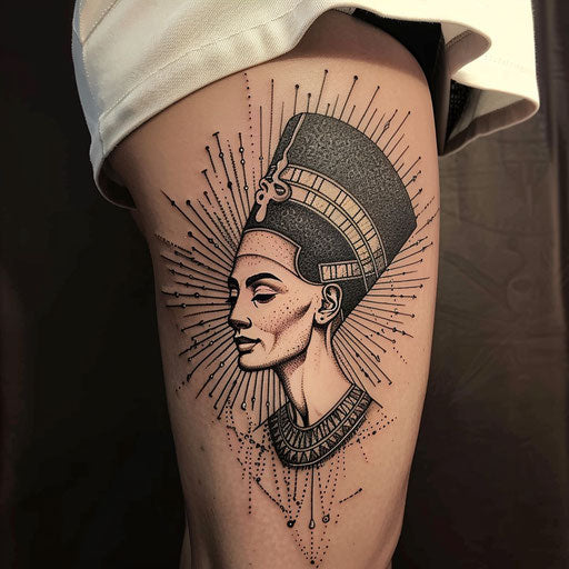 Energetic flat tattoo sketch of Nefertiti with rays of sunlight