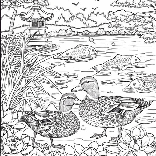 Ducks and fish in a Japanese garden