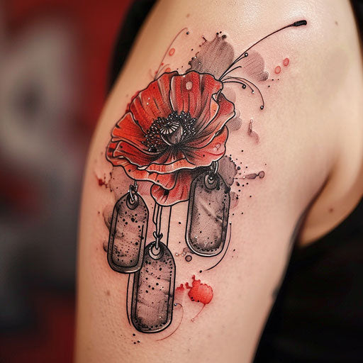 Bold tattoo of military dog tags and poppy flower