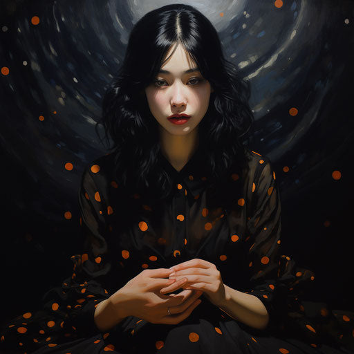 Woman with hand on side, wong kar-wai style, somber