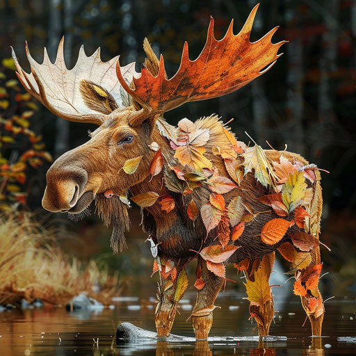 A moose made entirely of autumn leaves, blending into the scenery