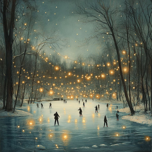 A frozen lake with skaters, the ice decorated with string lights and nearby trees frosted with snow.