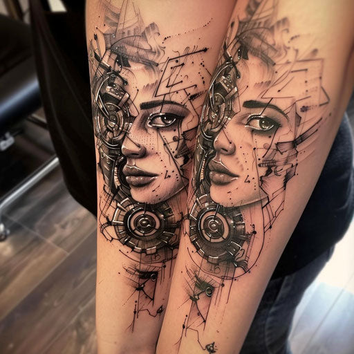 Mother and daughter tattoos with mechanical elements