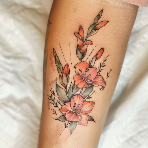 Illustrative gladiolus tattoo with a whimsical touch