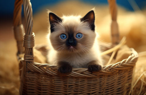 Siamese cat in basket with straw, goerz hypergon 6.5mm f/8 style, childlike innocence and charm