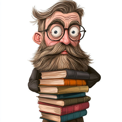 Humorous caricature of a Herman Melville caricature clipart with human characteristics, exaggerated big eyes, muscular arms, with a stack of books, vibrant colors, cartoon style, surprised, high-resolution, no background, isolated –c 40