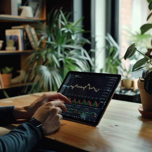 Tranquil workspace with person reviewing stock trends on tablet