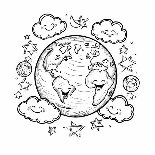 Kid-friendly Earth with smiling faces and friendly clouds