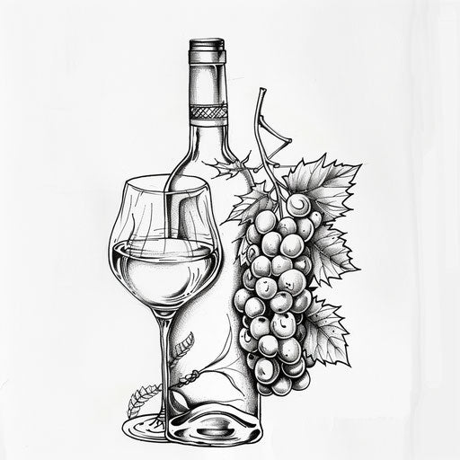 Italian wine bottle and glass tattoo design, elegant and simple, on a white background
