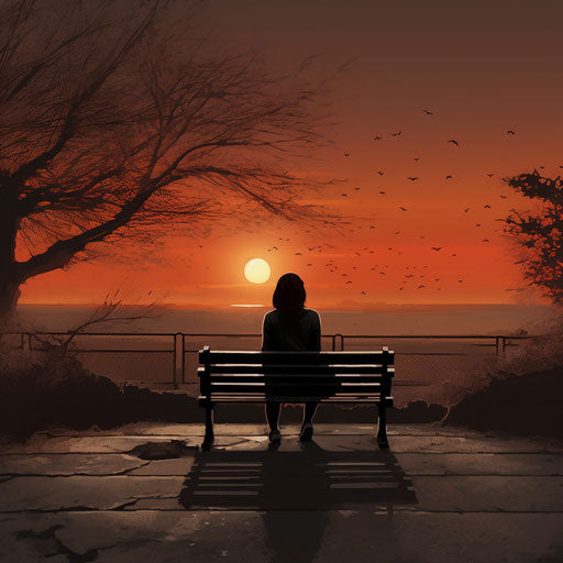 Woman on bench at sunset, erased and obscured style, dark amber and red, empty space, poignant, calming, ferrania p30, intensely personal