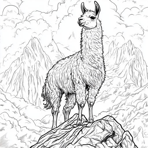 Majestic llama on mountain peak, Mark Schultz style, coloring page