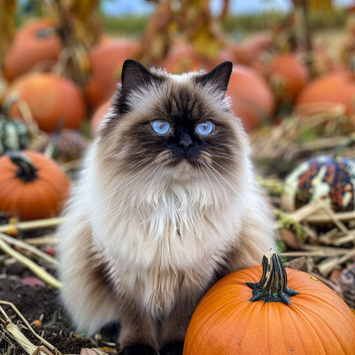 Himalayan cat sitting in a pumpkin patch, looking charming