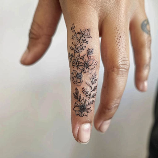 Finger tattoo with delicate floral designs