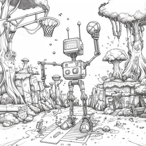 Whimsical scene of a robot playing basketball