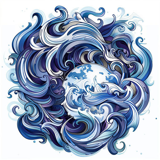Dynamic tattoo sketch of a globe with swirling wind patterns, vivid whites and blues, clipart style