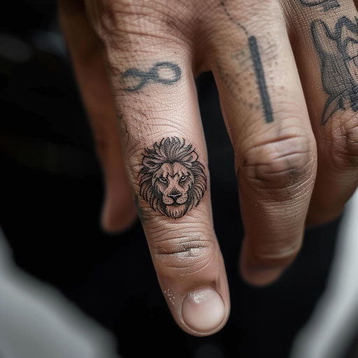 Small lion head finger tattoo, Ami James style