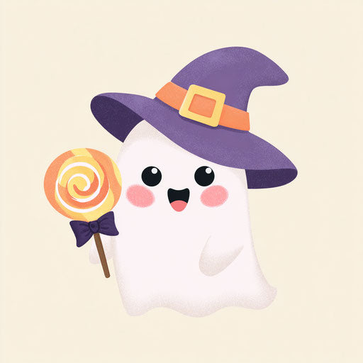 Cute Friendly Ghost with a Colorful Lollipop