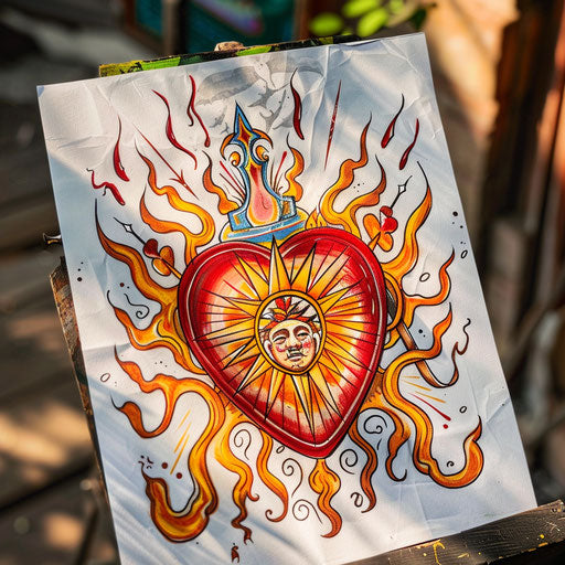 Sketch of a Chicano art sacred heart with flames and thorns, bright reds and yellows