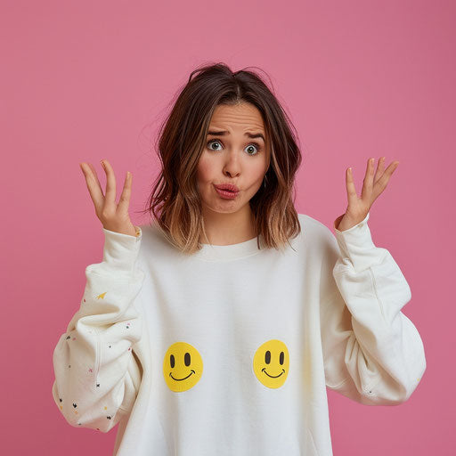 Beautiful woman in white sweatshirt with yellow confused emoji