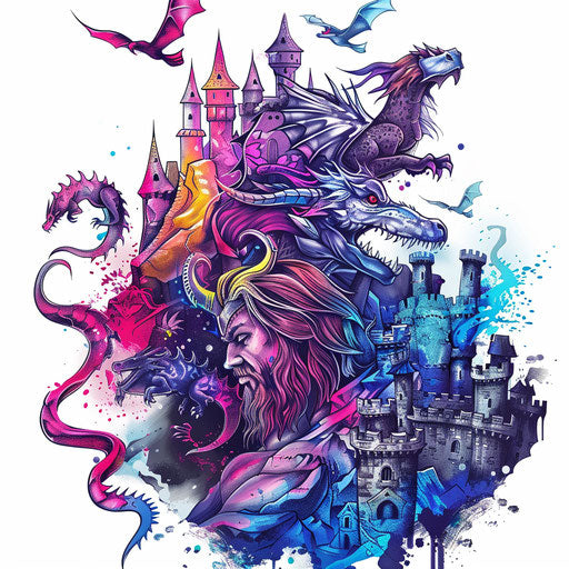 Fantasy king tattoo with dragons and castles