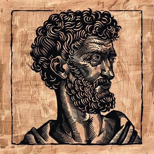 Rustic flat tattoo sketch of Marcus Aurelius in a traditional woodcut style