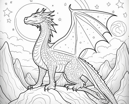 Adult coloring dragon in the stars, Evelyn Dunbar style, minimalist art
