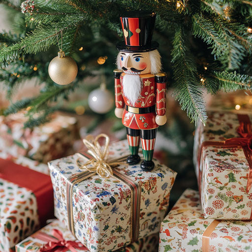 Nutcracker among gifts under Christmas tree