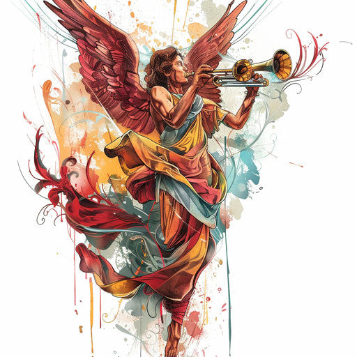 Angel Gabriel with spread wings and trumpet, soft and bold colors on white background