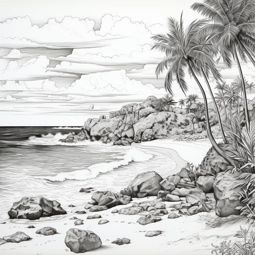 Island beach in detailed pen coloring page, rtx on, beautiful