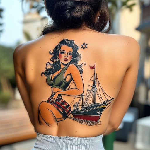 Female back tattoo in the style of Sailor Jerry with vintage pin-up girl leaning on a ship