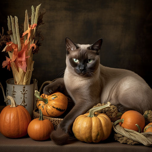 Burmese cat resting with pumpkins