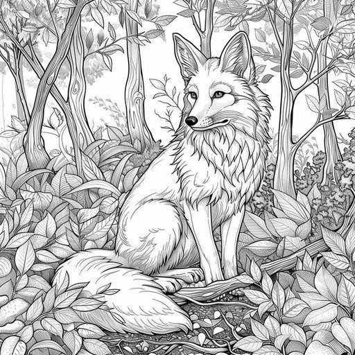 Fox in a lush, detailed forest in the style of Edward Julius Detmold coloring book page