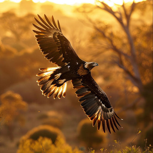 Eagle gliding over the Australian outback at sunrise