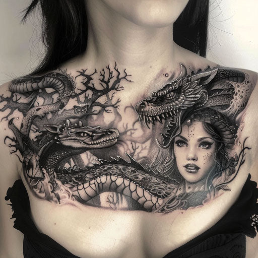 Fantasy chest tattoo for women with mythical creatures and enchanted forests