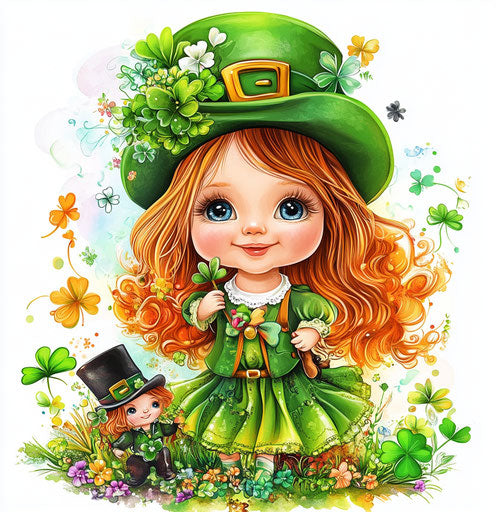 St. Patrick's Day baby girl with leprechaun and doll