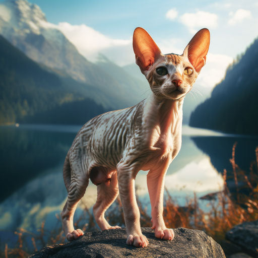 Cornish Rex cat sitting in front of mountain scenery