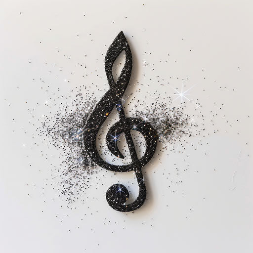 Black treble clef surrounded by sparkling stars on white