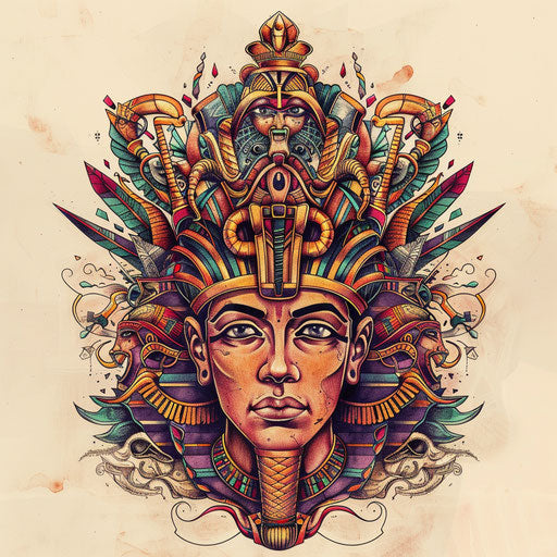 Flat tattoo sketch of a pharaoh with colorful, detailed Egyptian gods and goddesses