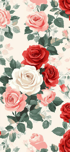 Red and white bouquet, pink roses pattern, romantic